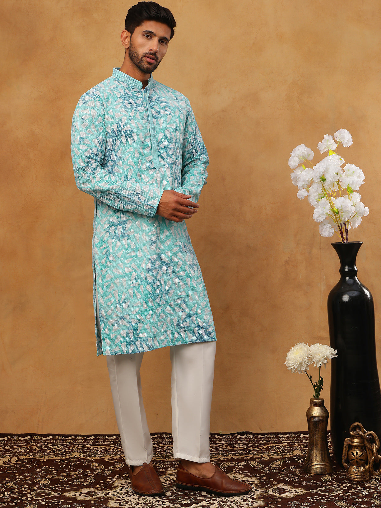 DesiQlo Men Geometric Kurta Pyjama Set - Blue - 65KP_5406Sky_S