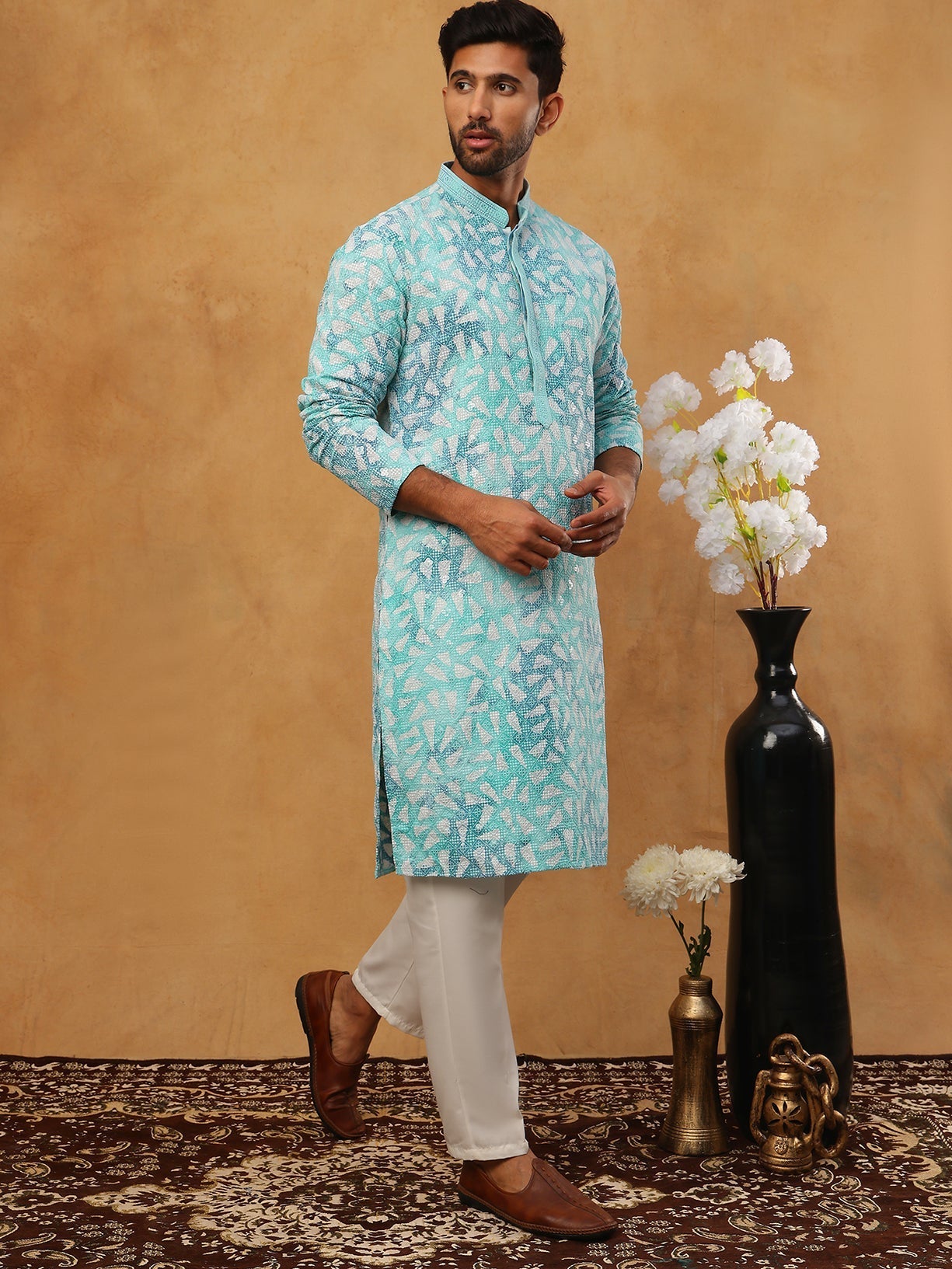 DesiQlo Men Geometric Kurta Pyjama Set - Blue - 65KP_5406Sky_S