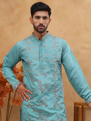Embroidered Silk Blend Kurta Pyjama Set (65KP 5407 Sky ) [FF] [D-1]