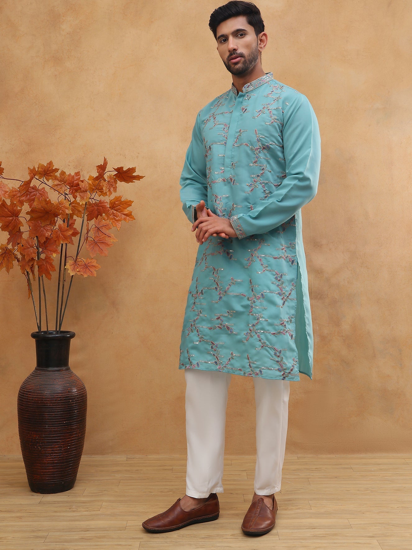 DesiQlo Men Abstract Kurta Pyjama Set - Blue