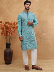 Embroidered Silk Blend Kurta Pyjama Set (65KP 5407 Sky ) [FF] [D-1]