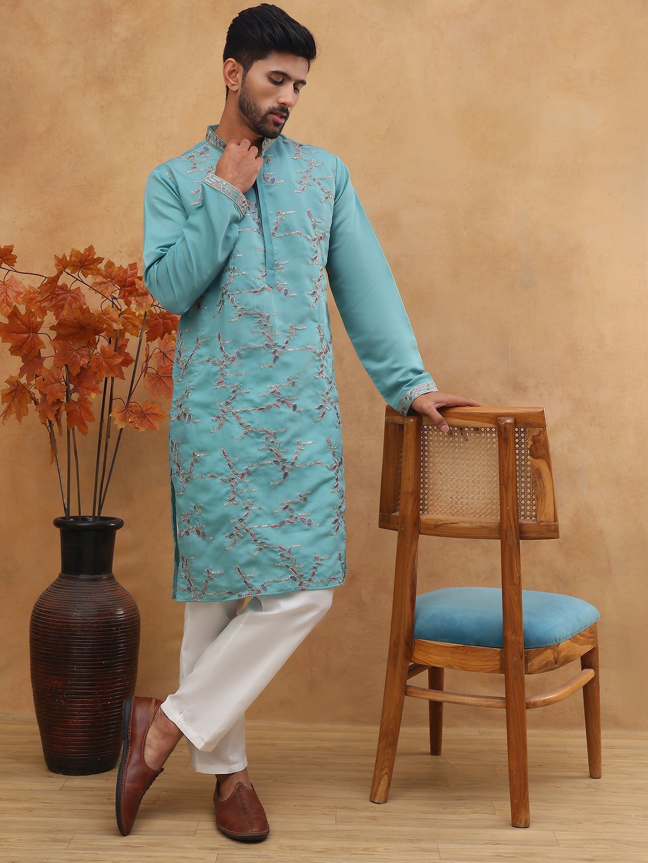 DesiQlo Men Abstract Kurta Pyjama Set - Blue