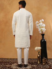 Men’s Ethnic Cotton Embroidered Kurta Pyjama (65KP 5408 White ) [FF] [P-17-18]