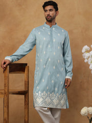 Traditional Silk Blend Embroidered Kurta Pyjama (65KP 5411 Blue ) [FF] [F-2-3]