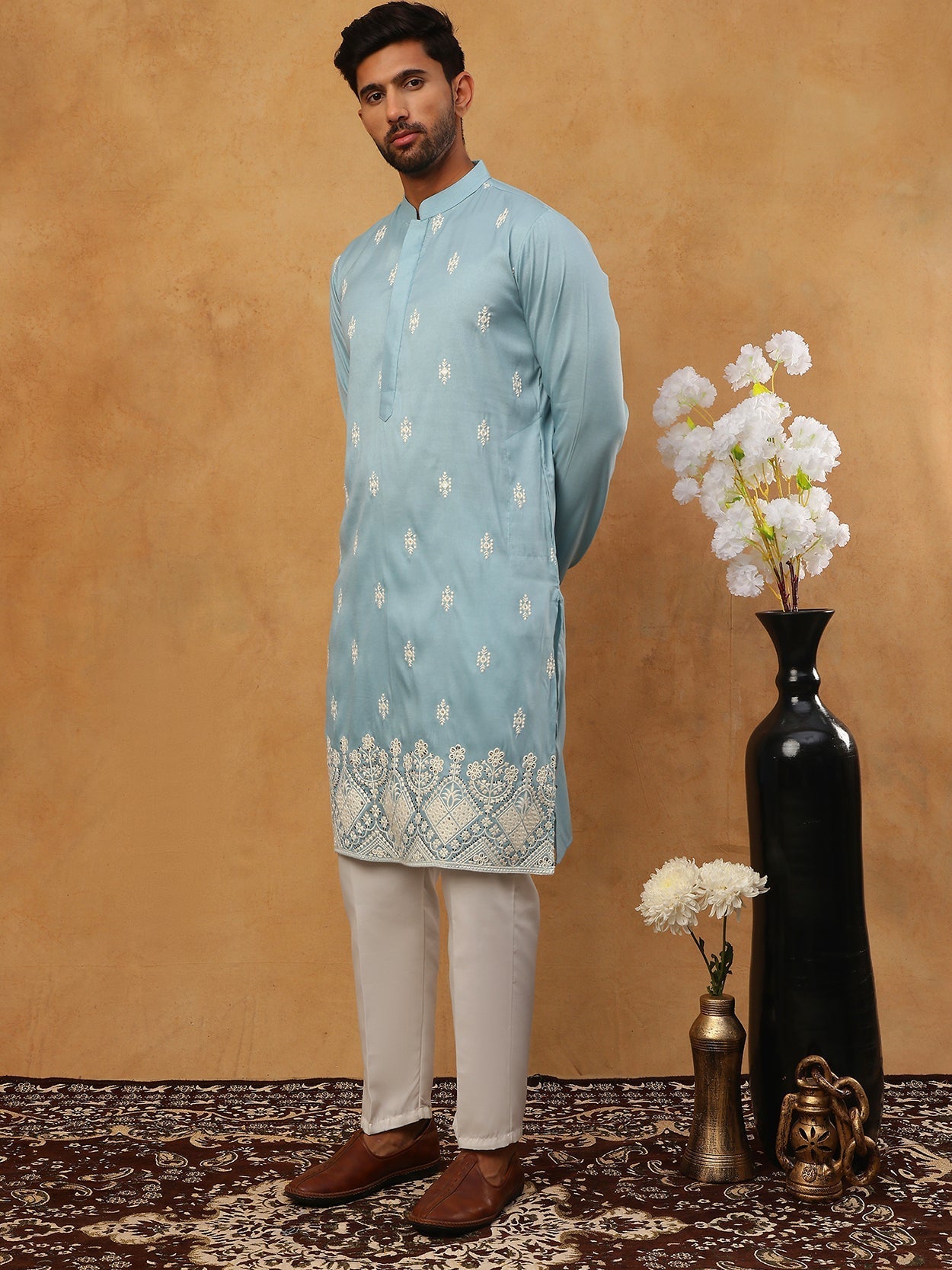 DesiQlo Men Floral Kurta Pyjama Set - Blue - 65KP_5411Blue_S