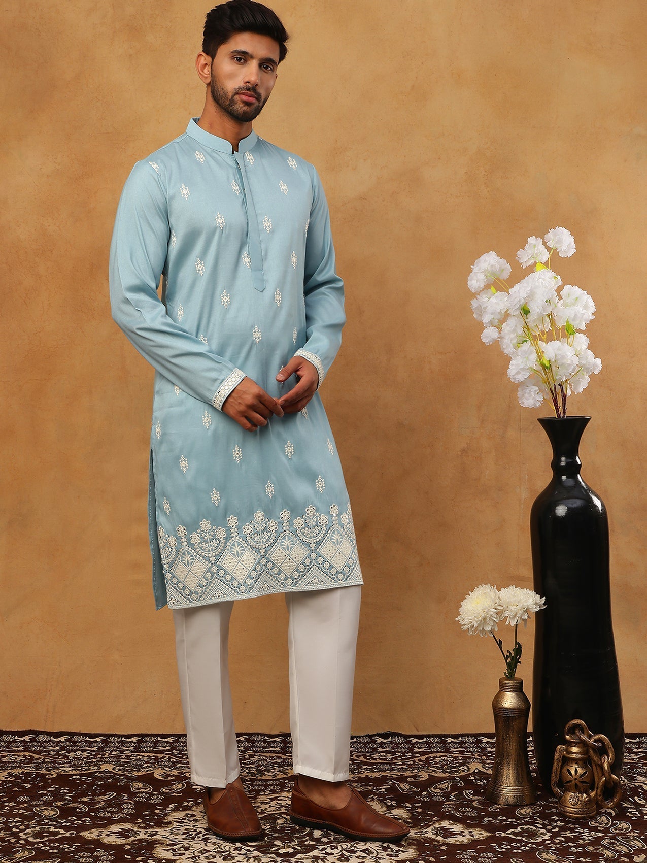DesiQlo Men Floral Kurta Pyjama Set - Blue - 65KP_5411Blue_S