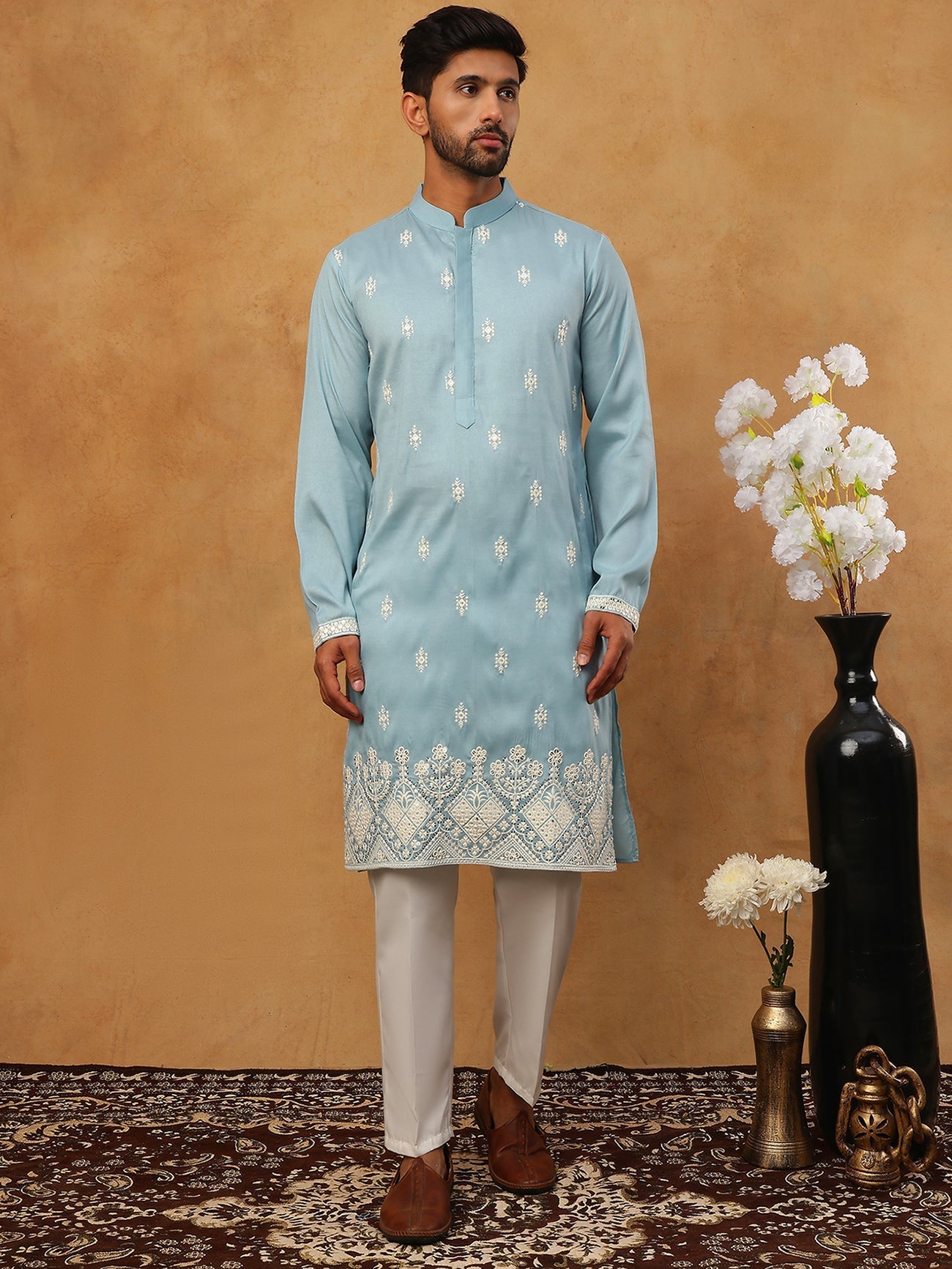 DesiQlo Men Floral Kurta Pyjama Set - Blue - 65KP_5411Blue_S