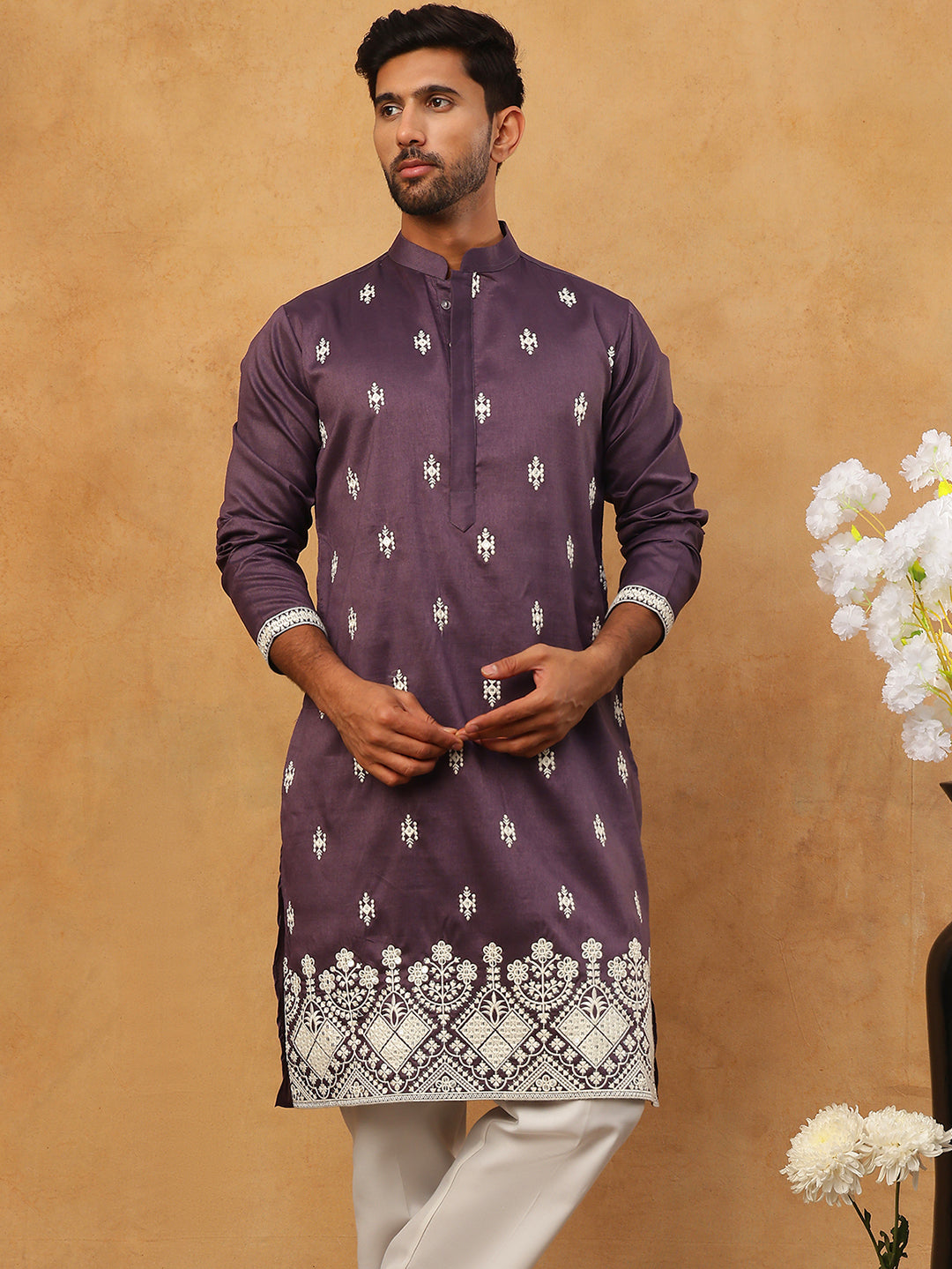 Traditional Silk Blend Embroidered Kurta Pyjama (65KP 5411 Purple ) [FF] [F-2-3]