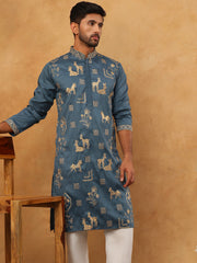 Men Silk Blend Kurta Pyjama with Embroidery (65KP 5412 Teal ) [FF] [F-3]