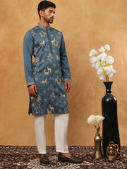 Men Silk Blend Kurta Pyjama with Embroidery (65KP 5412 Teal ) [FF] [F-3]