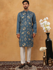Men Silk Blend Kurta Pyjama with Embroidery (65KP 5412 Teal ) [FF] [F-3]