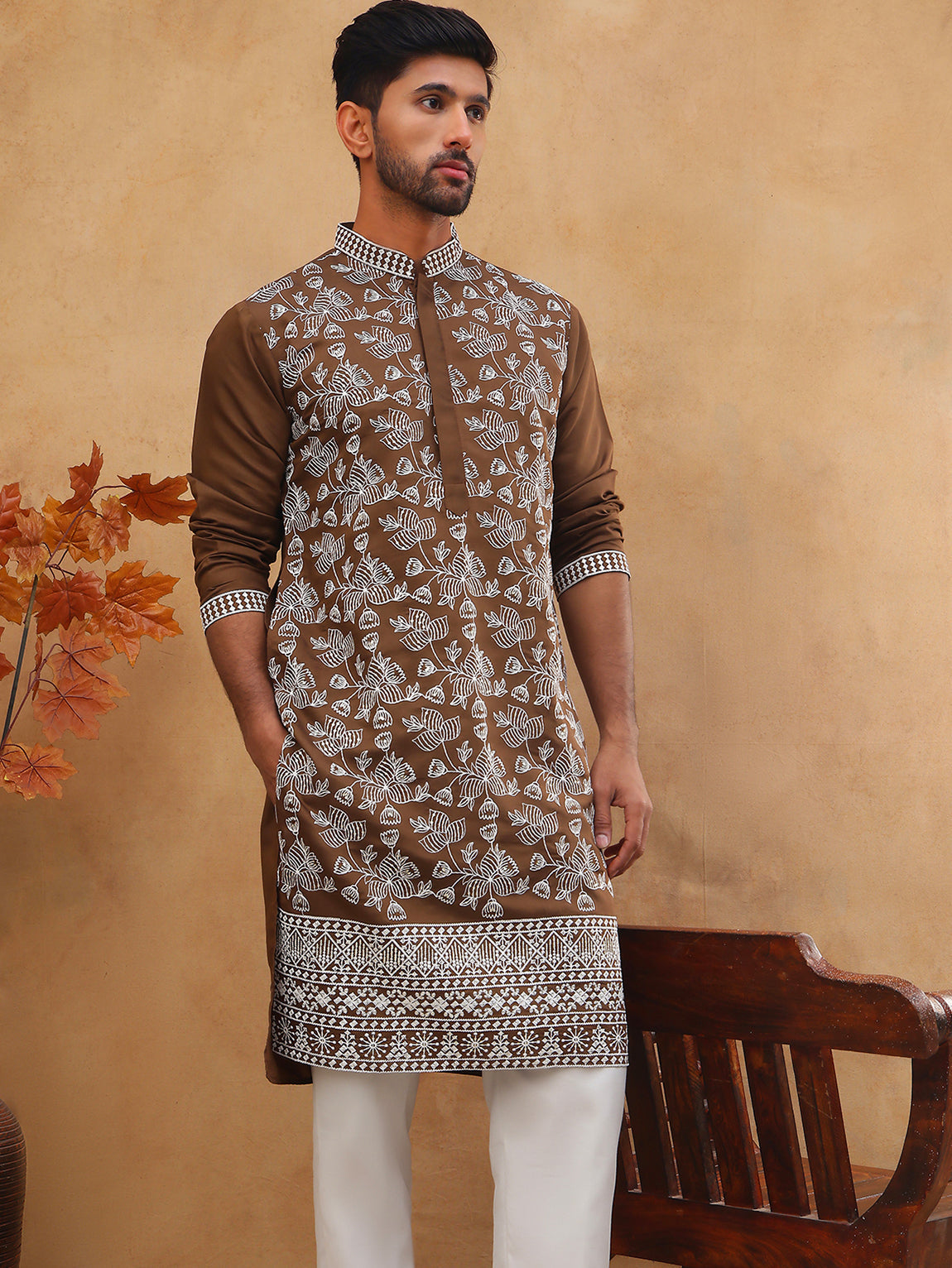 DesiQlo Men Floral Kurta Pyjama Set - Brown - 65KP_5413Brown_S