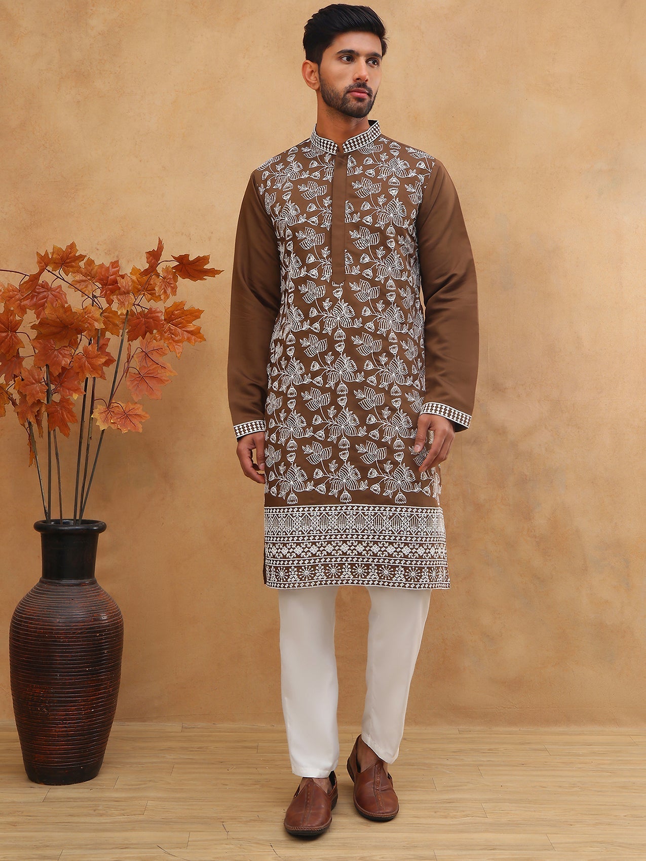 DesiQlo Men Floral Kurta Pyjama Set - Brown - 65KP_5413Brown_S