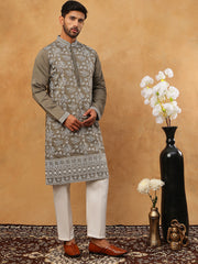 Men Ethnic Embroidered Kurta Pyjama Set (65KP 5413 Grey ) [FF] [Q-11-14]