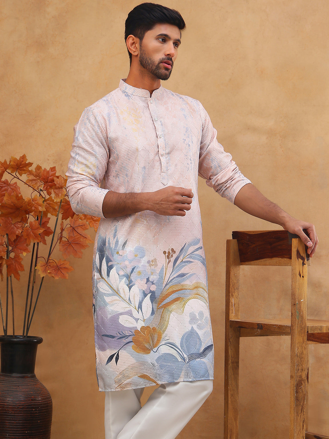 DesiQlo Men Floral Kurta Pyjama Set - Orange - 65KP_5414Peach_S