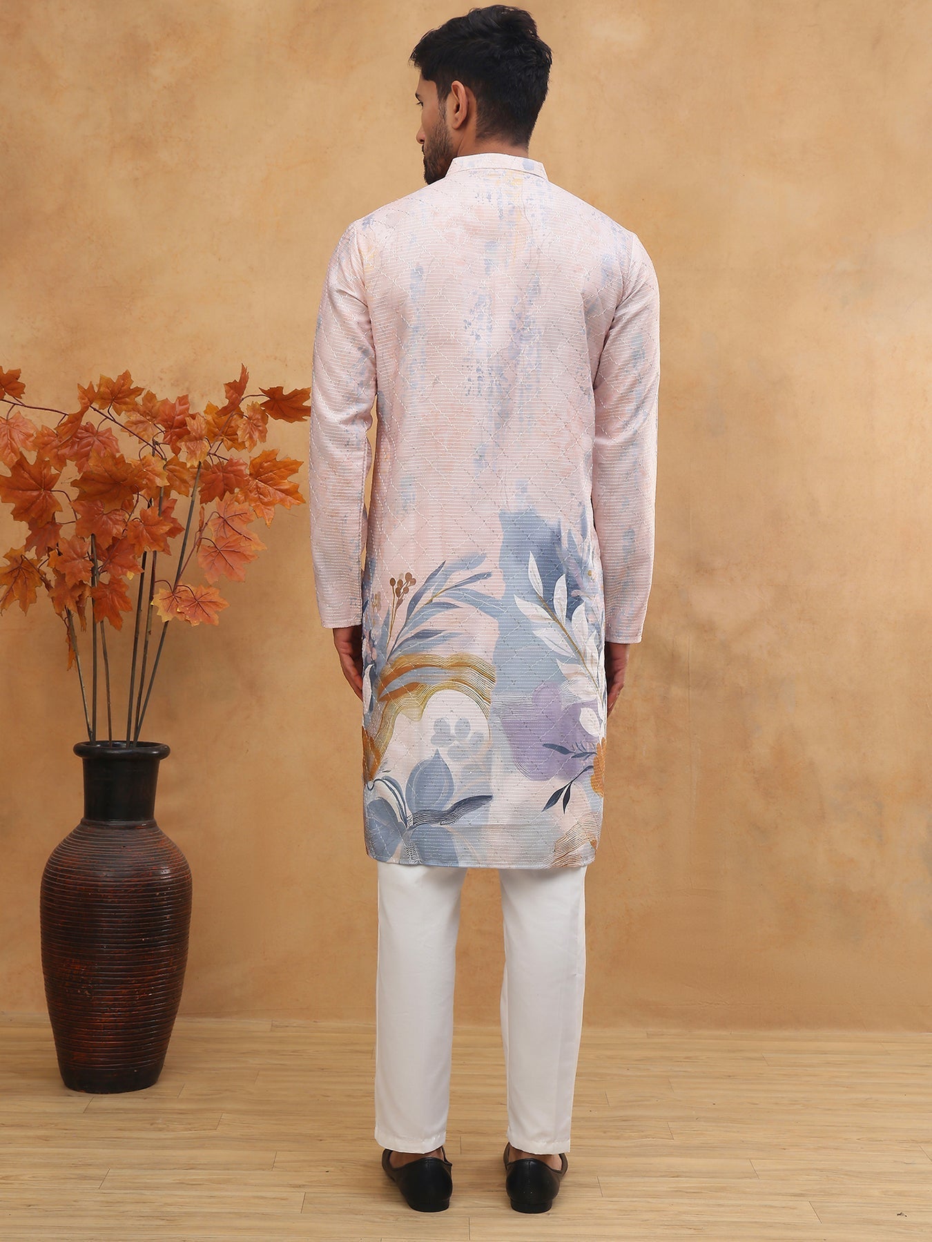 DesiQlo Men Floral Kurta Pyjama Set - Orange - 65KP_5414Peach_S