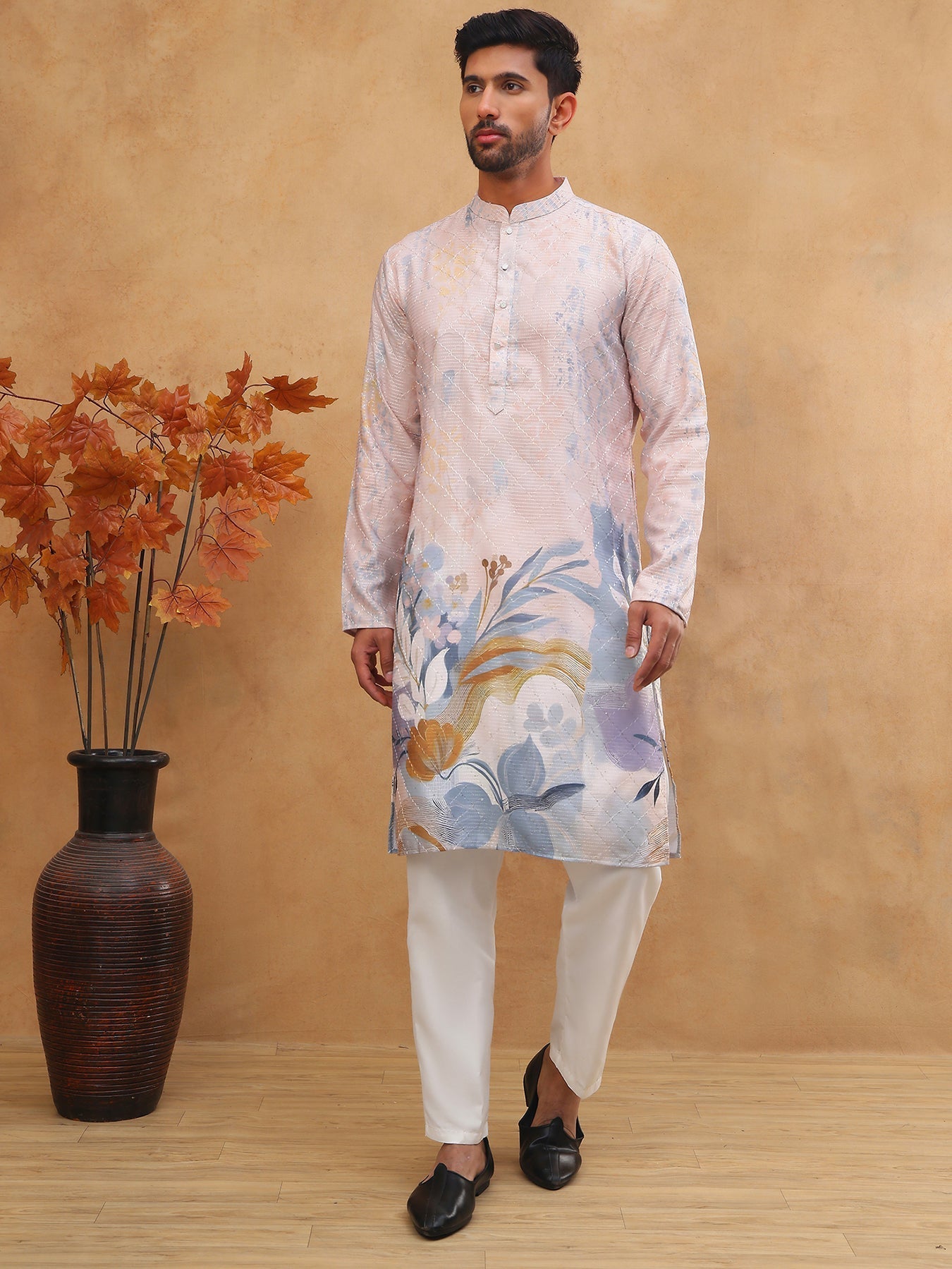 DesiQlo Men Floral Kurta Pyjama Set - Orange - 65KP_5414Peach_S