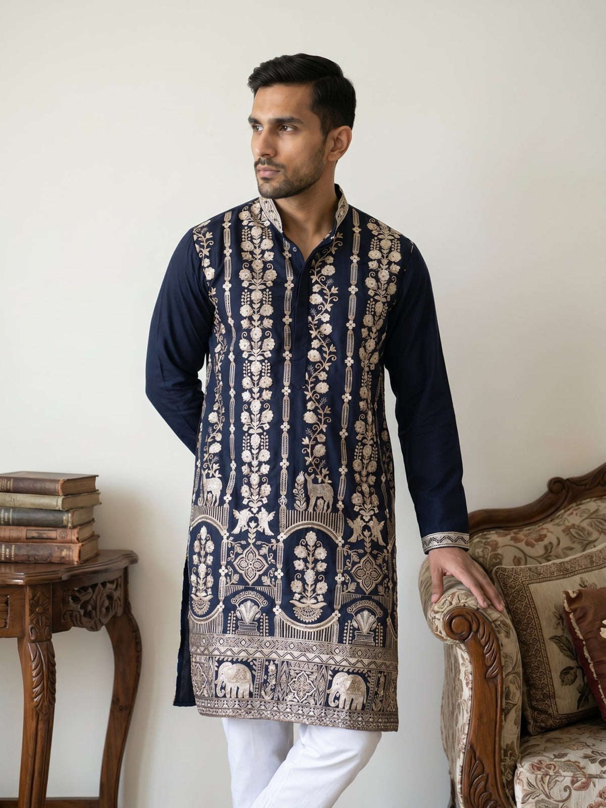 Men Silk Blend Embroidered Kurta Pyjama ( 65KP P 5415Navy )