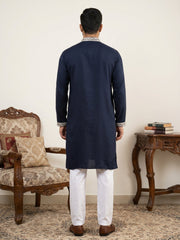 Men Silk Blend Embroidered Kurta Pyjama ( 65KP P 5415Navy )