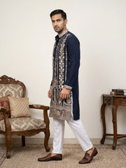 Men Silk Blend Embroidered Kurta Pyjama ( 65KP P 5415Navy )