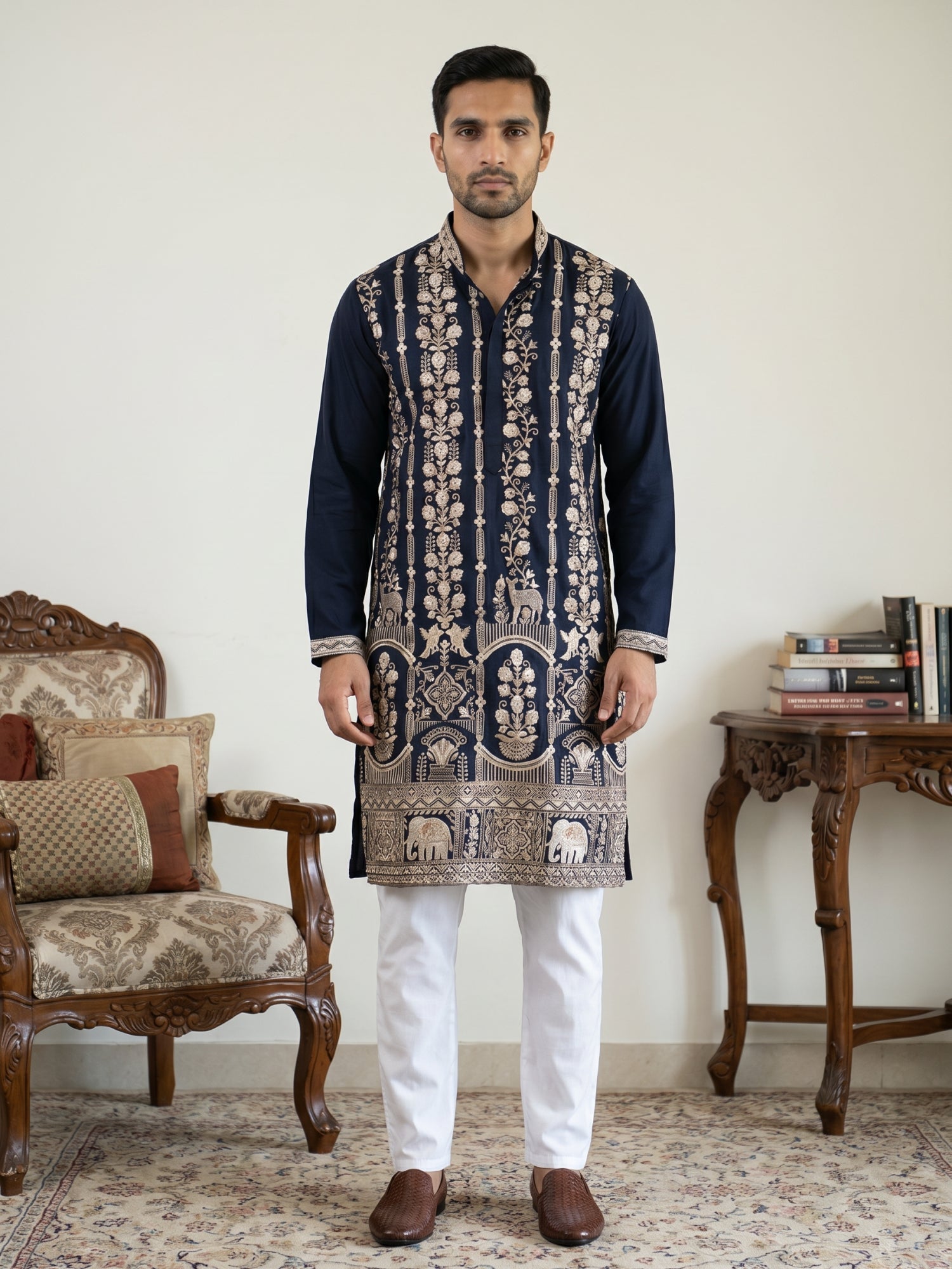 DesiQlo Men Embroidered Kurta Pyjama Set - Blue - 65KP_P_5415Navy_S