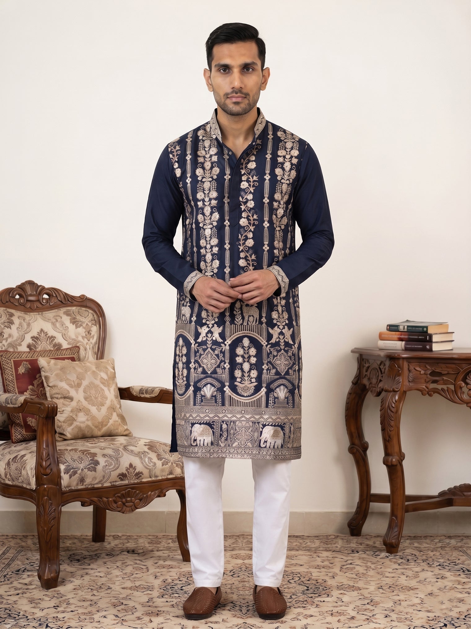DesiQlo Men Embroidered Kurta Pyjama Set - Blue - 65KP_P_5415Navy_S