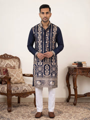 Men Silk Blend Embroidered Kurta Pyjama ( 65KP P 5415Navy )