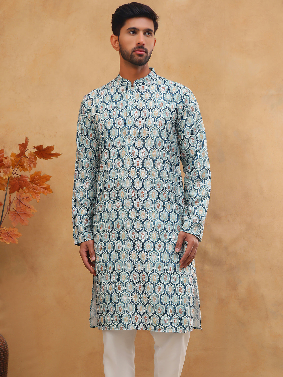 DesiQlo Men Floral Kurta Pyjama Set - Blue - 65KP_5416Blue_S