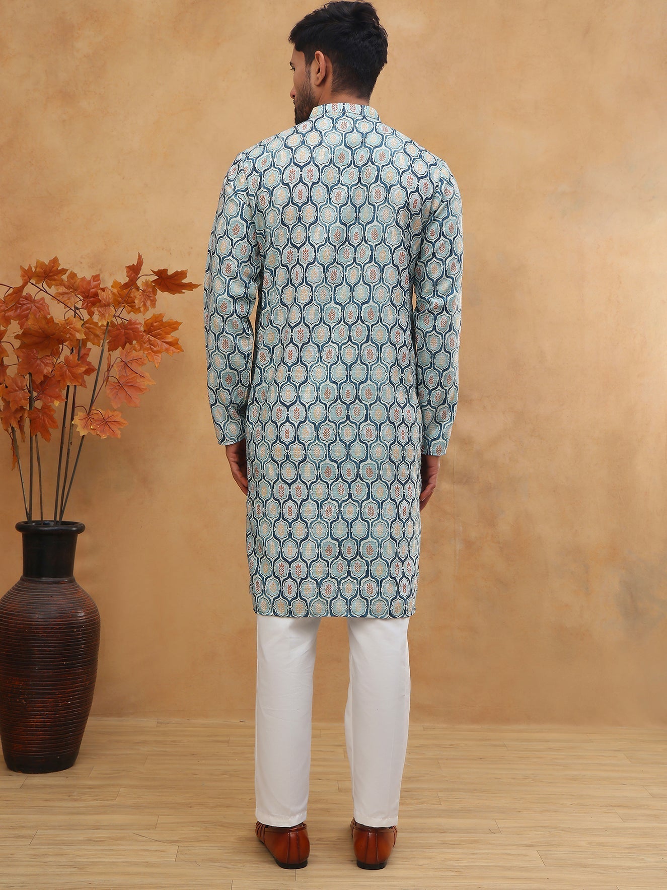 DesiQlo Men Floral Kurta Pyjama Set - Blue - 65KP_5416Blue_S