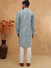 Printed Cotton Blend Kurta Pyjama with Thread Work (65KP 5416 Blue ) [FF] [J-1]