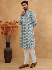 Printed Cotton Blend Kurta Pyjama with Thread Work (65KP 5416 Blue ) [FF] [J-1]