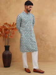 Printed Cotton Blend Kurta Pyjama with Thread Work (65KP 5416 Blue ) [FF] [J-1]