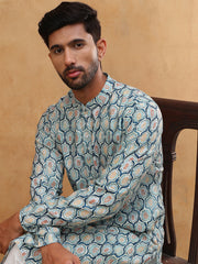 Printed Cotton Blend Kurta Pyjama with Thread Work (65KP 5416 Blue ) [FF] [J-1]