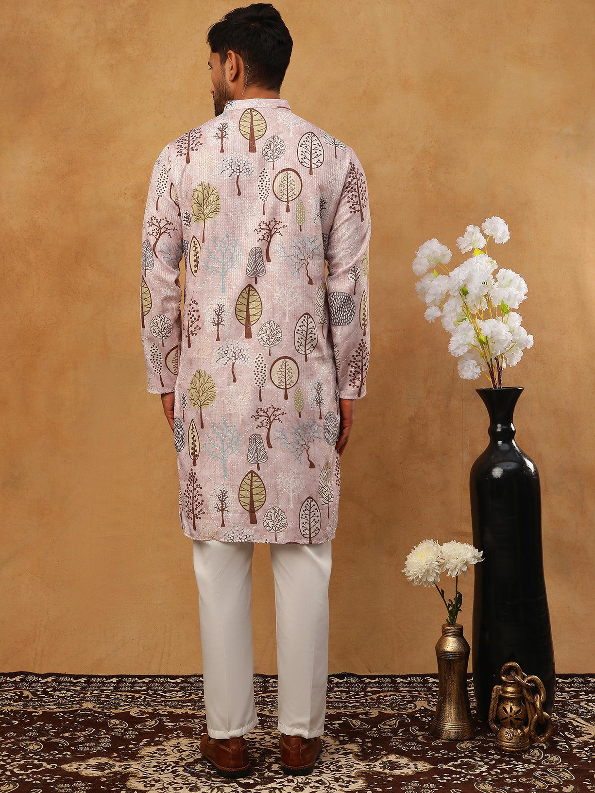 DesiQlo Men Floral Kurta Pyjama Set - Orange - 65KP_5416Peach_S