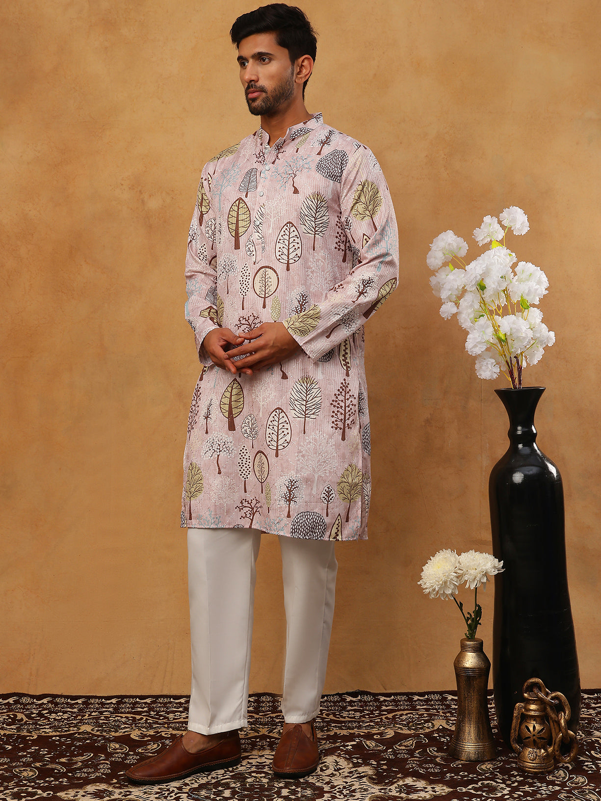 DesiQlo Men Floral Kurta Pyjama Set - Orange - 65KP_5416Peach_S