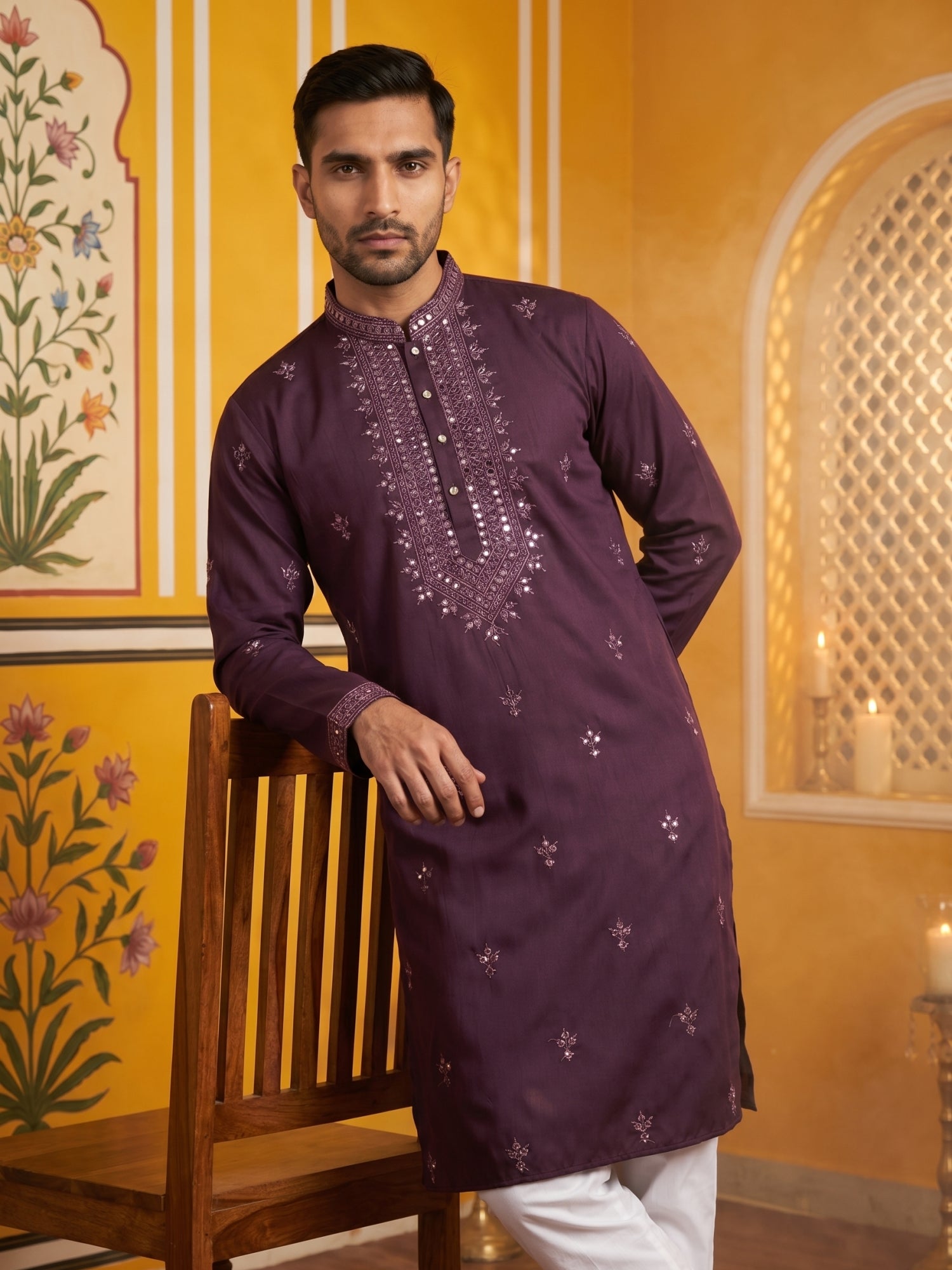 DesiQlo Men Embroidered Kurta Pyjama Set - Purple - 65KP_P_5417Purple_