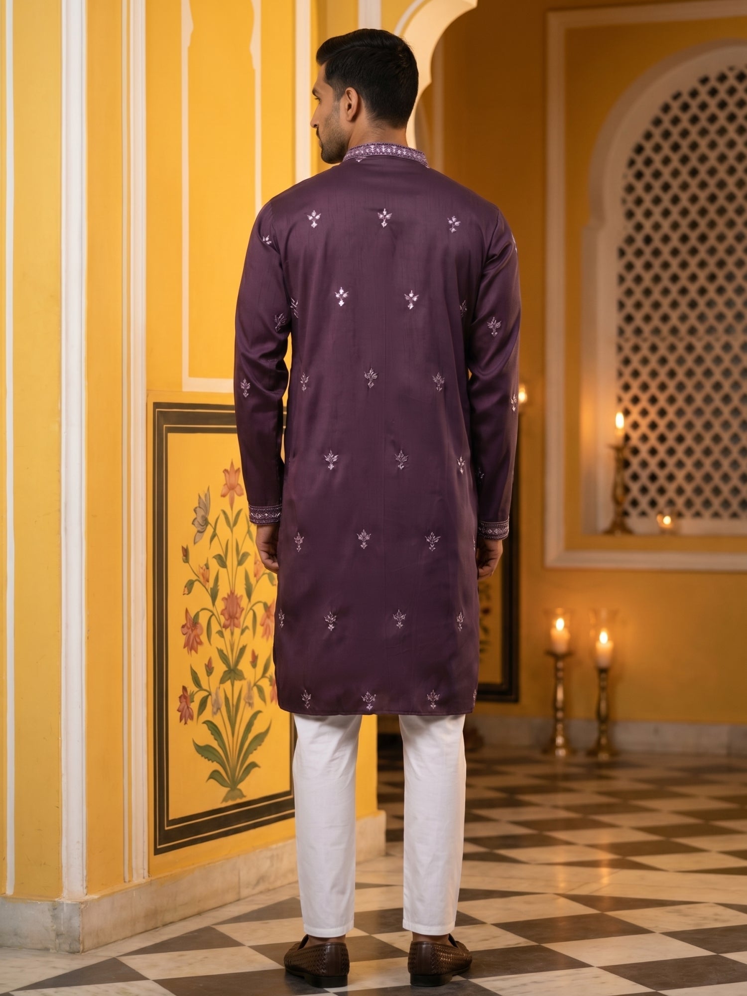 DesiQlo Men Embroidered Kurta Pyjama Set - Purple - 65KP_P_5417Purple_
