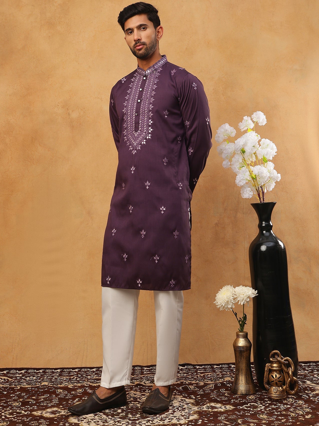 DesiQlo Men Floral Kurta Pyjama Set - Purple - 65KP_5417Purple_S