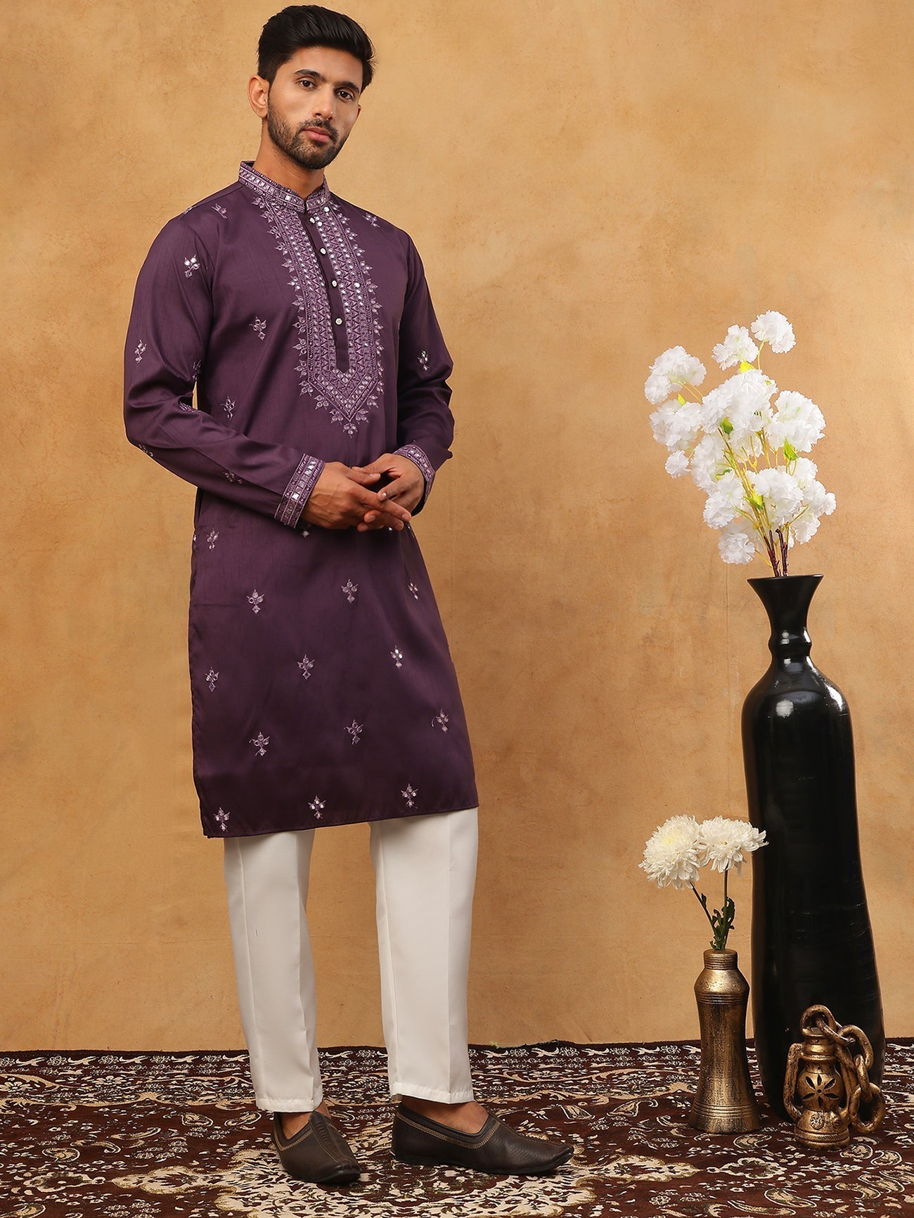 DesiQlo Men Floral Kurta Pyjama Set - Purple - 65KP_5417Purple_S