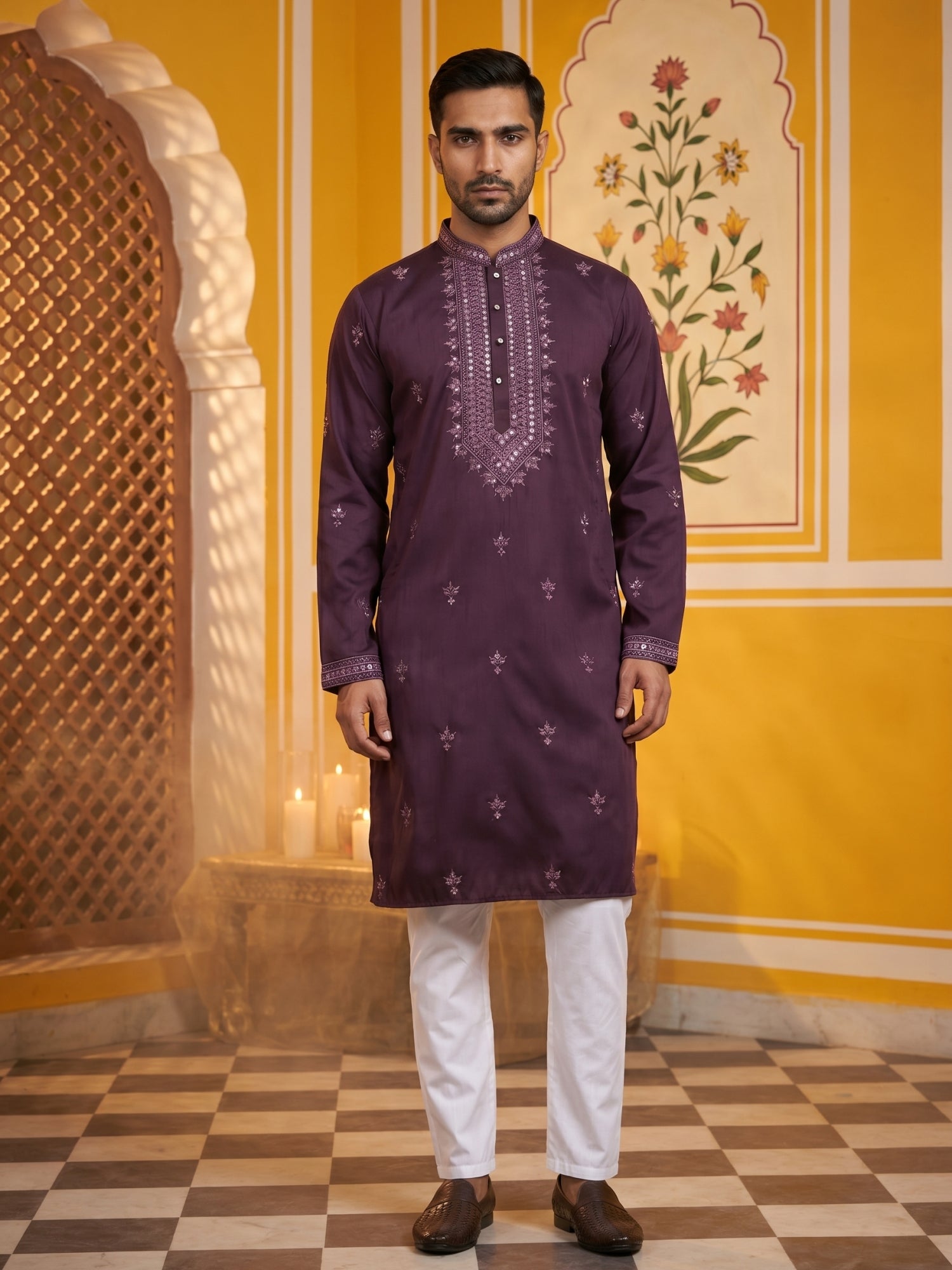DesiQlo Men Embroidered Kurta Pyjama Set - Purple - 65KP_P_5417Purple_
