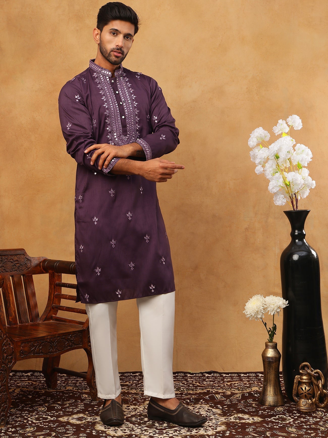 DesiQlo Men Floral Kurta Pyjama Set - Purple - 65KP_5417Purple_S