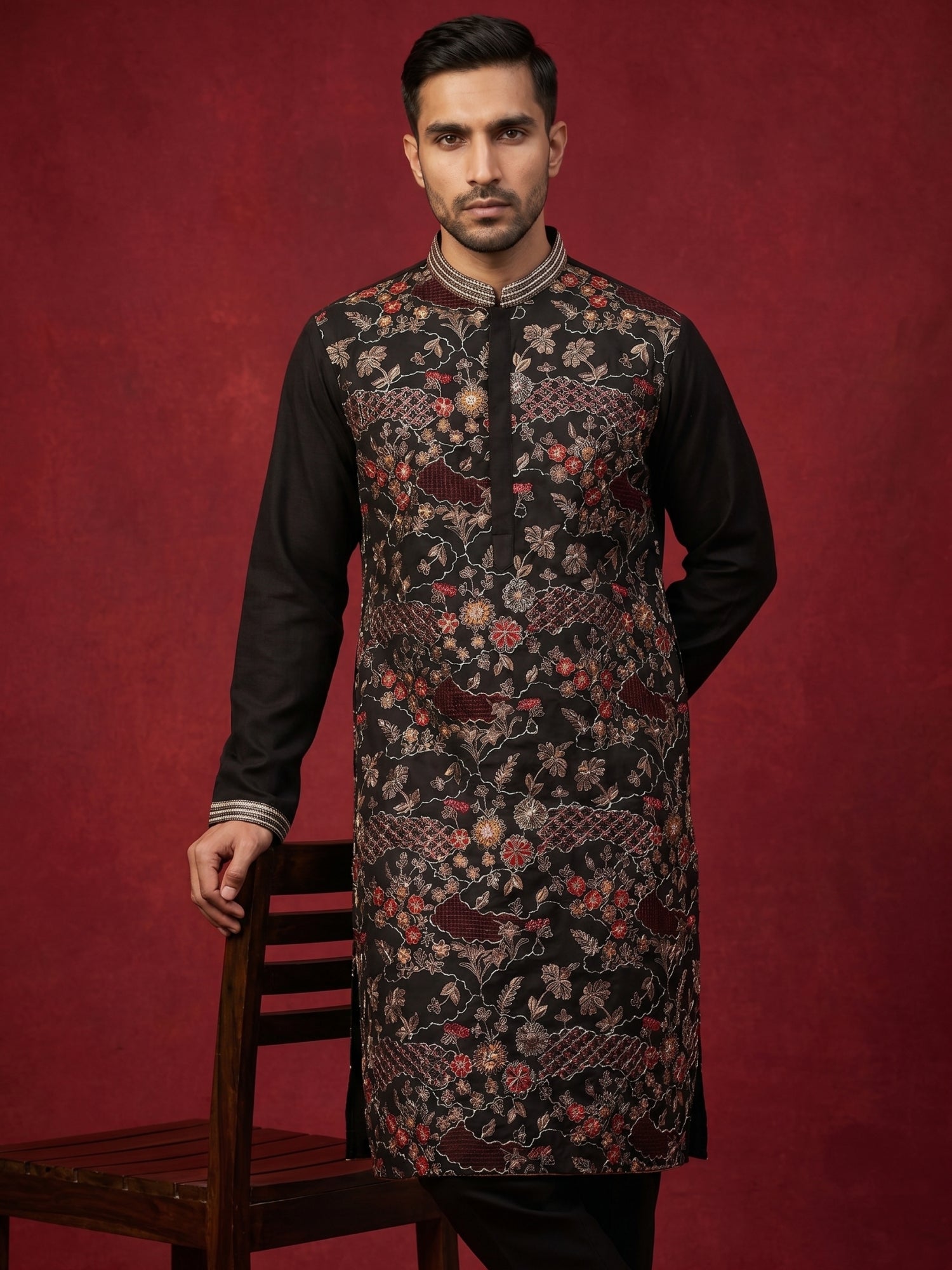 DesiQlo Men Embroidered Kurta Pyjama Set - Black - 65KP_B-P_5418Black_