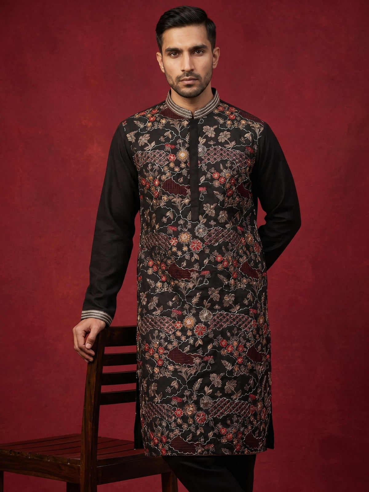 Premium Silk Blend Embroidered Kurta Pyjama ( 65KP B-P 5418Black )