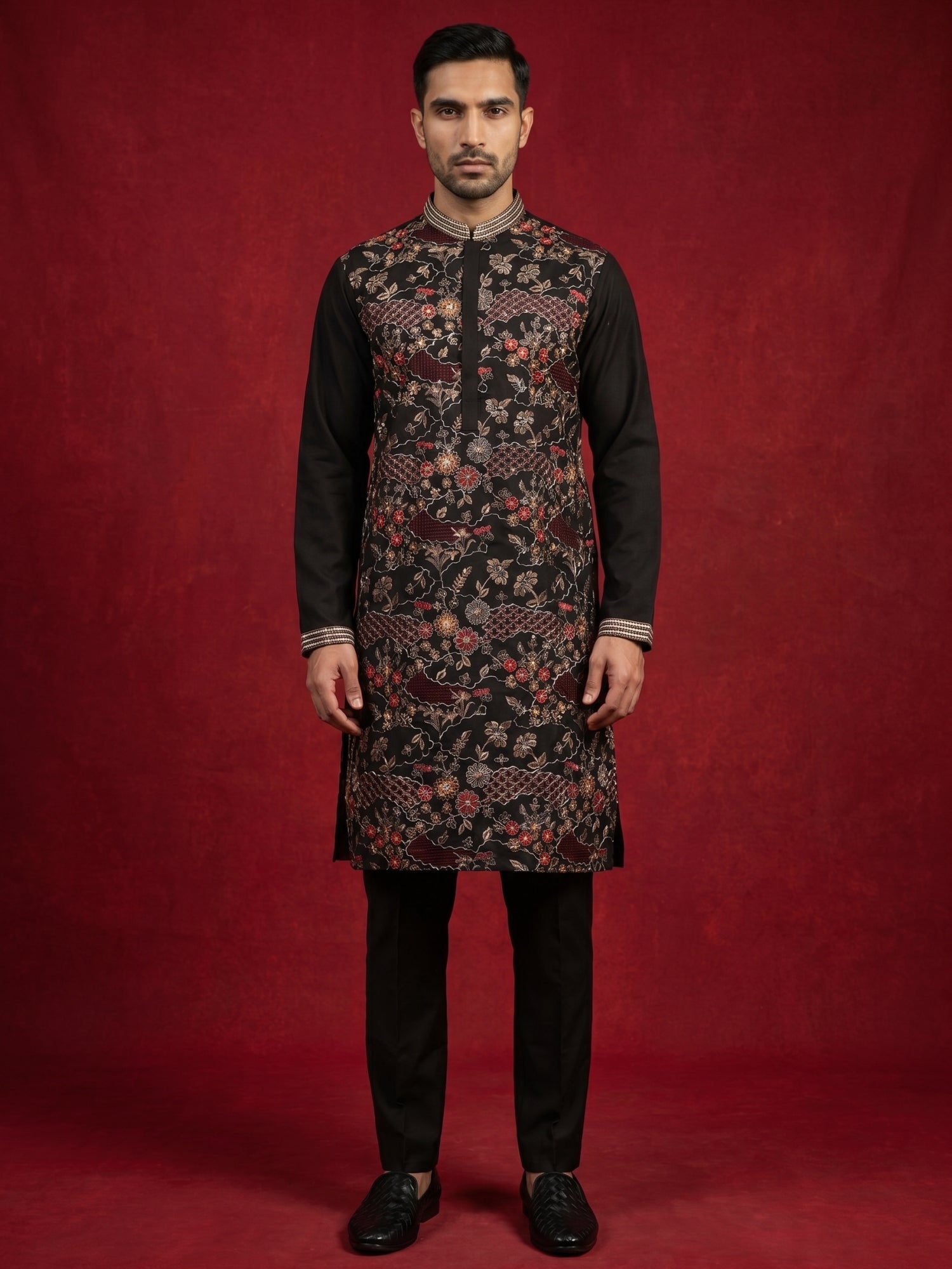 DesiQlo Men Embroidered Kurta Pyjama Set - Black - 65KP_B-P_5418Black_