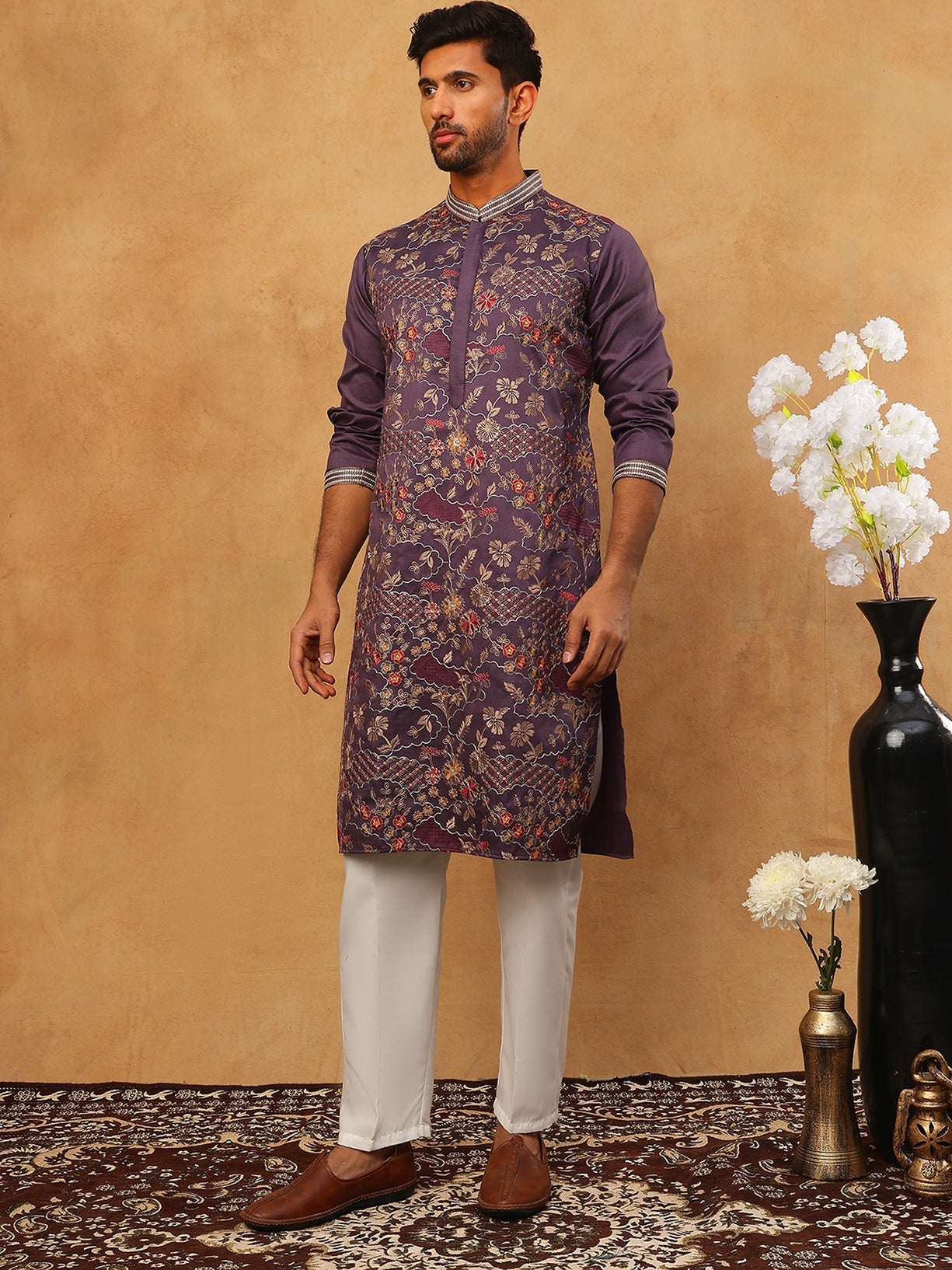 DesiQlo Men Floral Kurta Pyjama Set - Purple - 65KP_5418Purple_S
