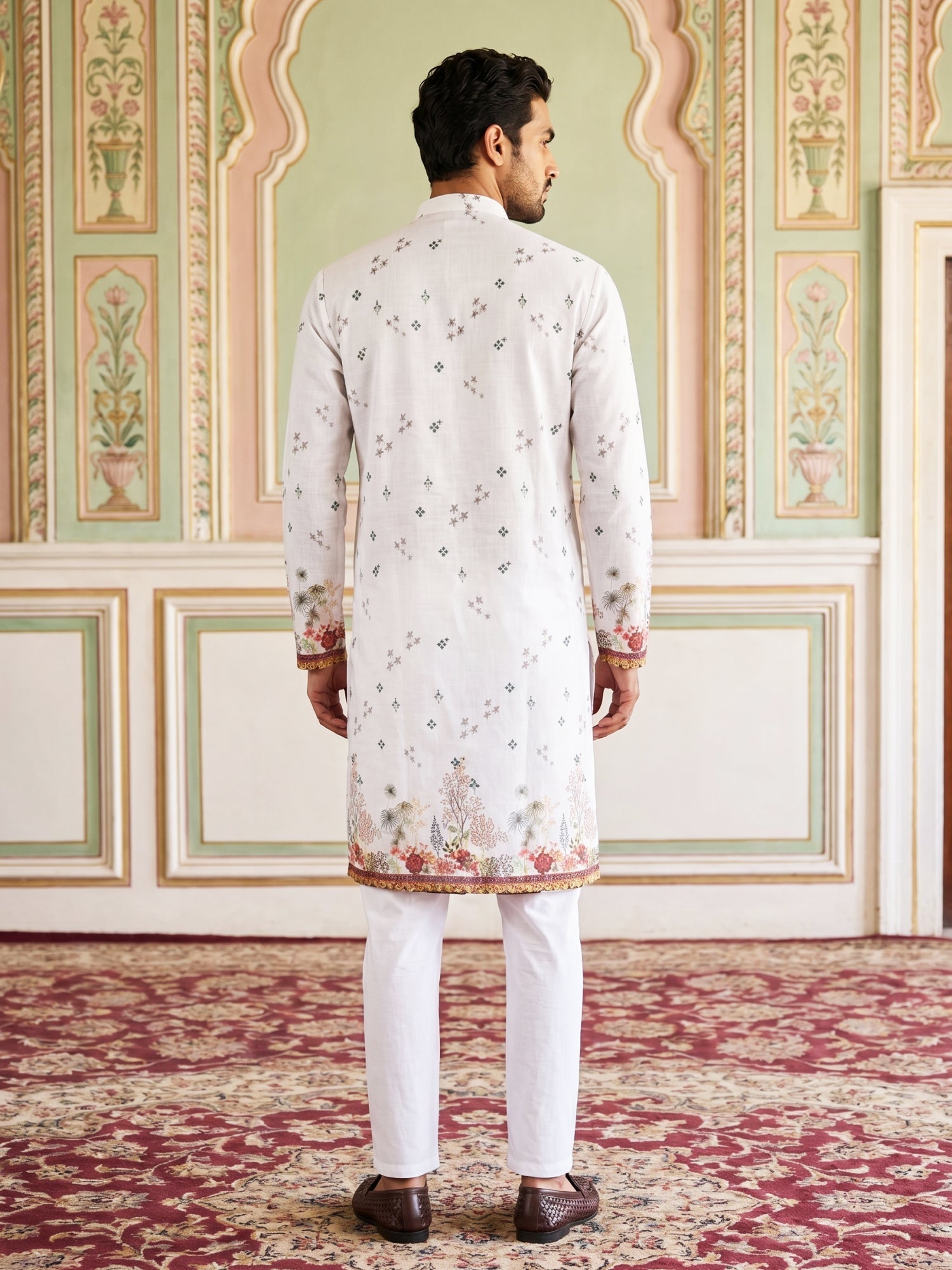 DesiQlo Men Printed Kurta Pyjama Set - White - 65KP_P_5419White_S