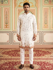 Cotton Blend Printed Straight Kurta Pyjama ( 65KP P 5419White )