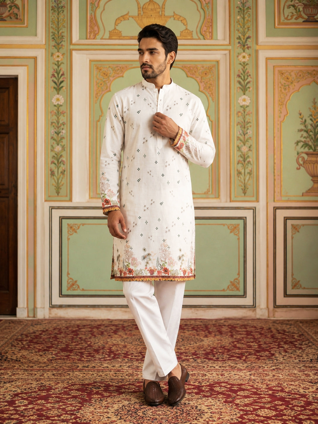 DesiQlo Men Printed Kurta Pyjama Set - White - 65KP_P_5419White_S