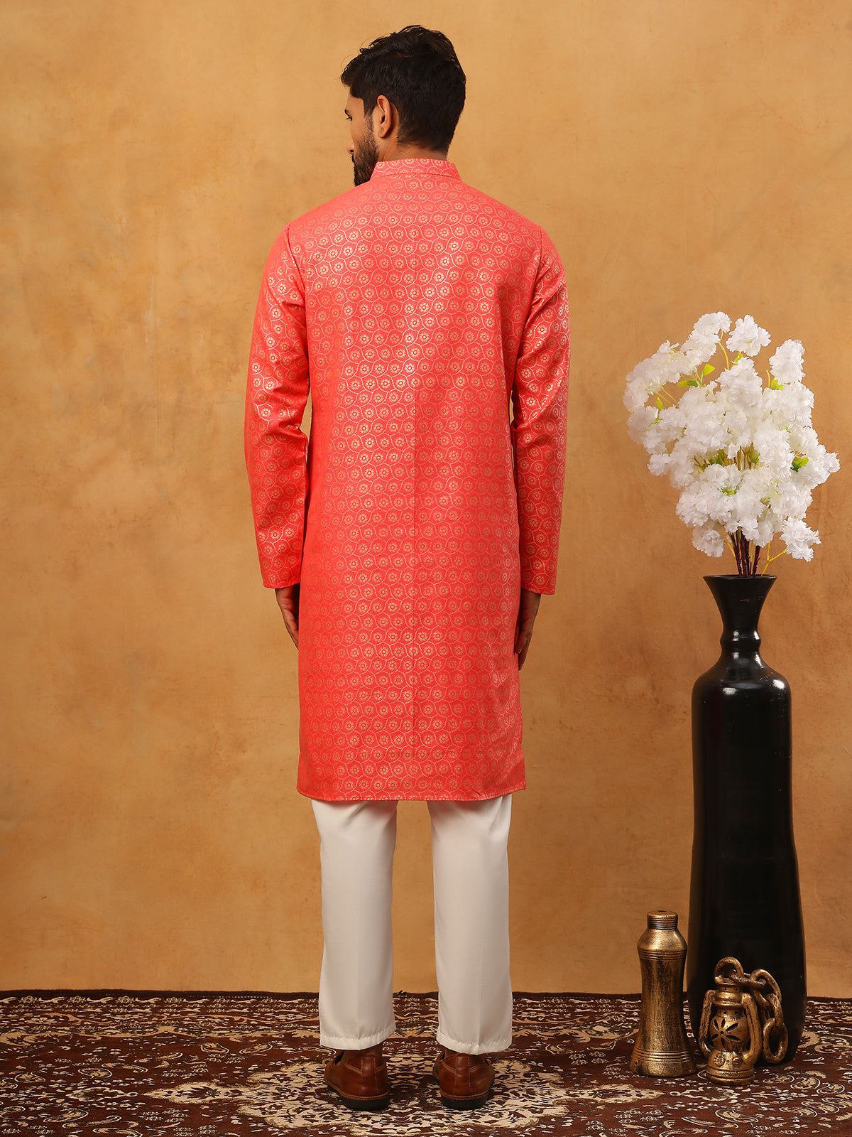 DesiQlo Men Floral Kurta Pyjama Set - Orange - 65KP_5421Peach_S