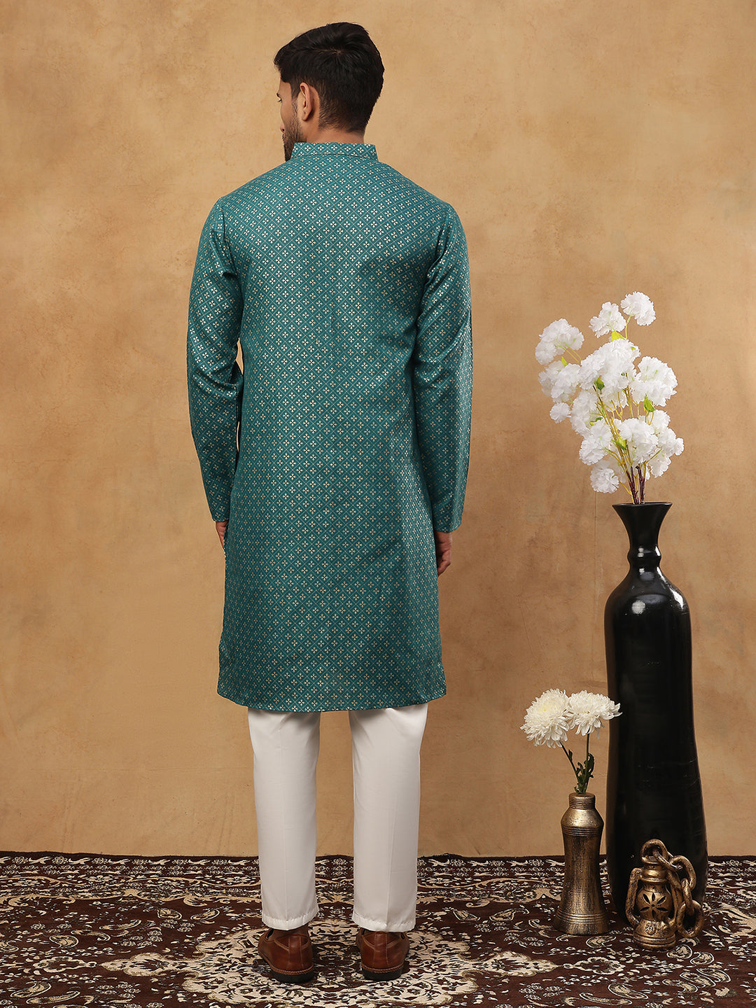 DesiQlo Men Printed Kurta Pyjama Set - Multicolor - 65KP_5421Sea-Green